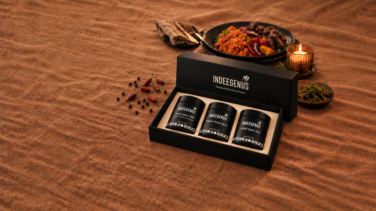 A collection of three iconic nigerian spices  including pepper soup, suya spice (yajin kuli) and jollof spice mix. 