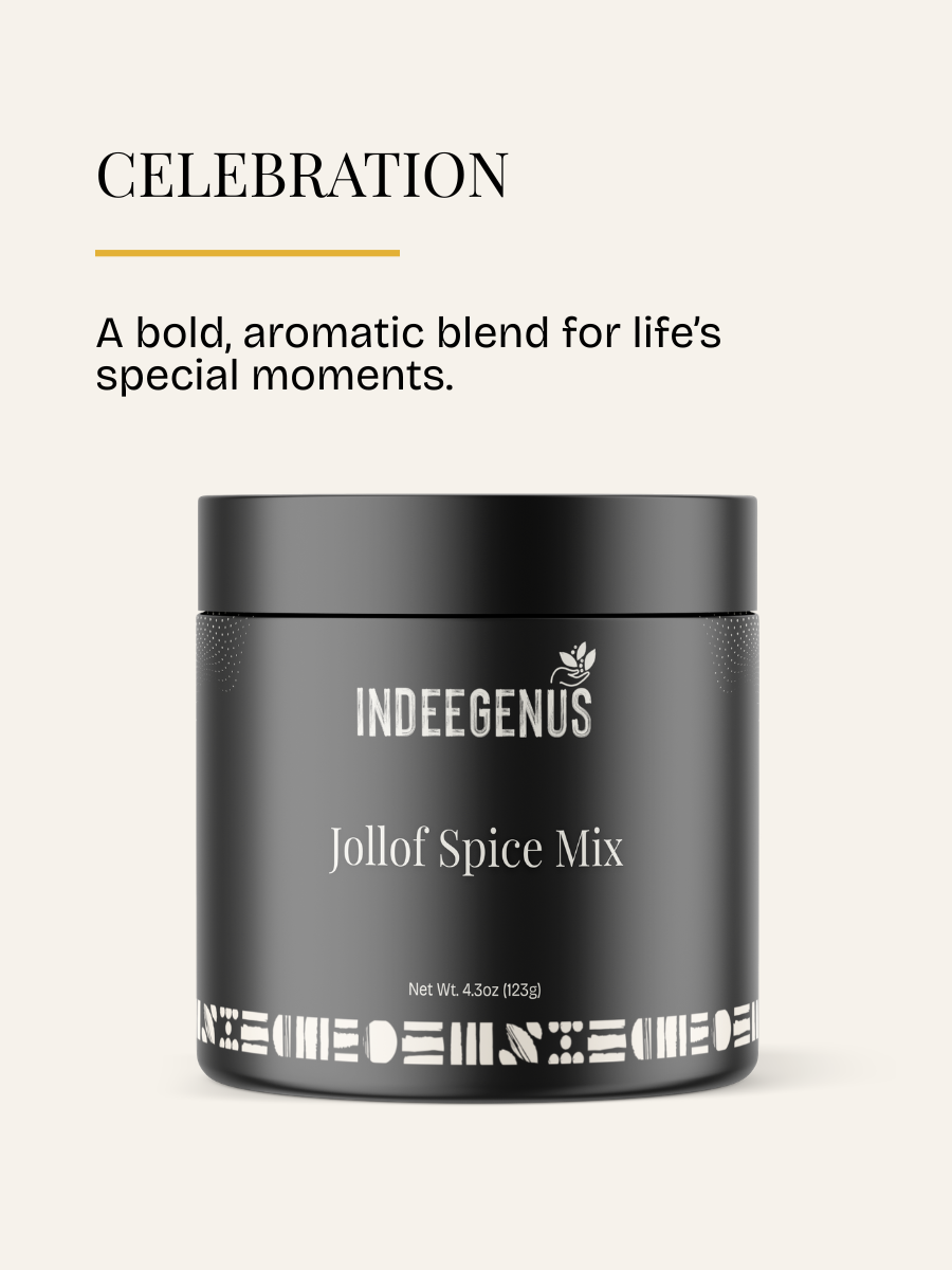 A black cylindrical jar of INDEGENUS Jollof Spice Mix on a light beige background, with promotional text above reading 'CELEBRATION' and 'A bold, aromatic blend for life's special moments.'.