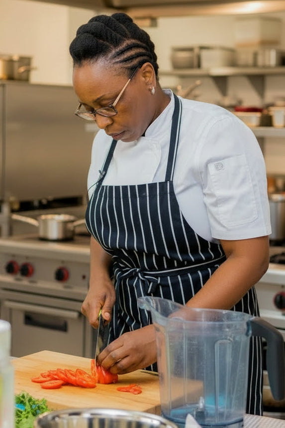 Person in a kitchen wearing an apron, preparing food.