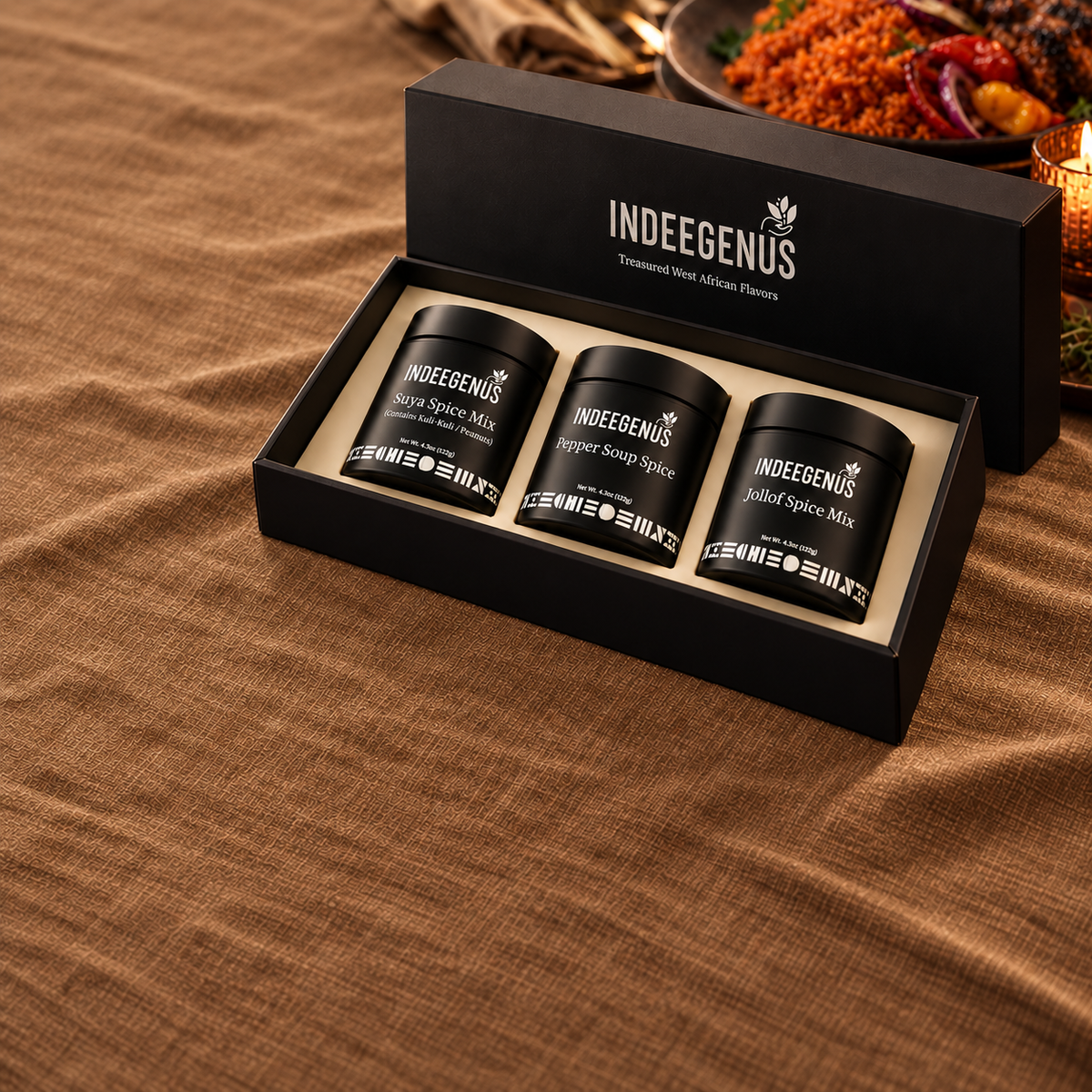 Indeegenus Homecoming Trio. A collection of three iconic nigerian spices  including pepper soup, suya spice (yajin kuli) and jollof spice mix. 